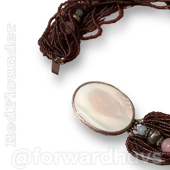 Vintage Choker Length Seed Bead Necklace with Mother Of Pearl Pendant - Picture 3 of 11